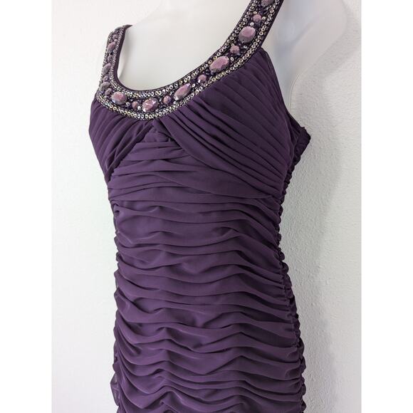 Vtg 90s Cache Size 8 Purple Bodycon Beaded Ruched Cocktail Dress Prom Event New - Picture 2 of 9